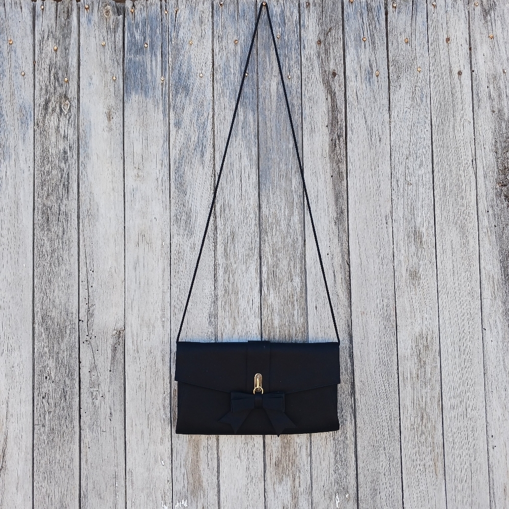 Kate Landry Evening Clutch Black Bow Envelope Snap Close Gold‎ Chain Rope Strap